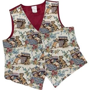 1990s Cat Tapestry Vest Needlepoint Novelty Print Vintage CottageCore Top